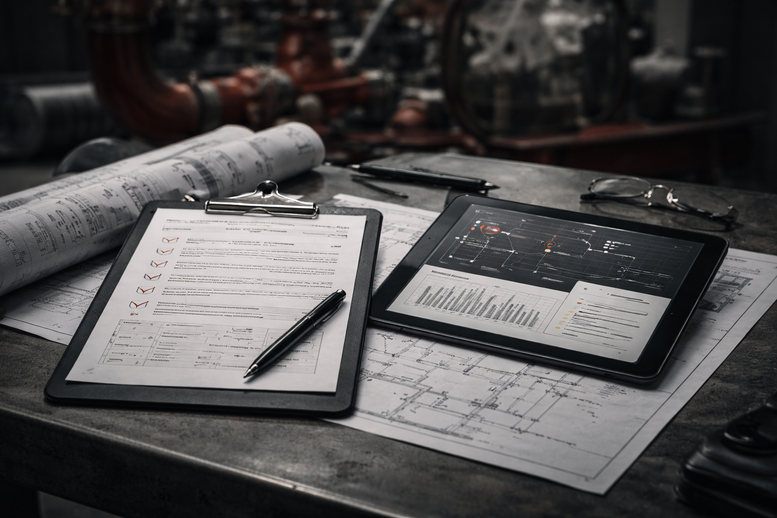 Technician performing a deep-dive audit of fire protection hardware and records.