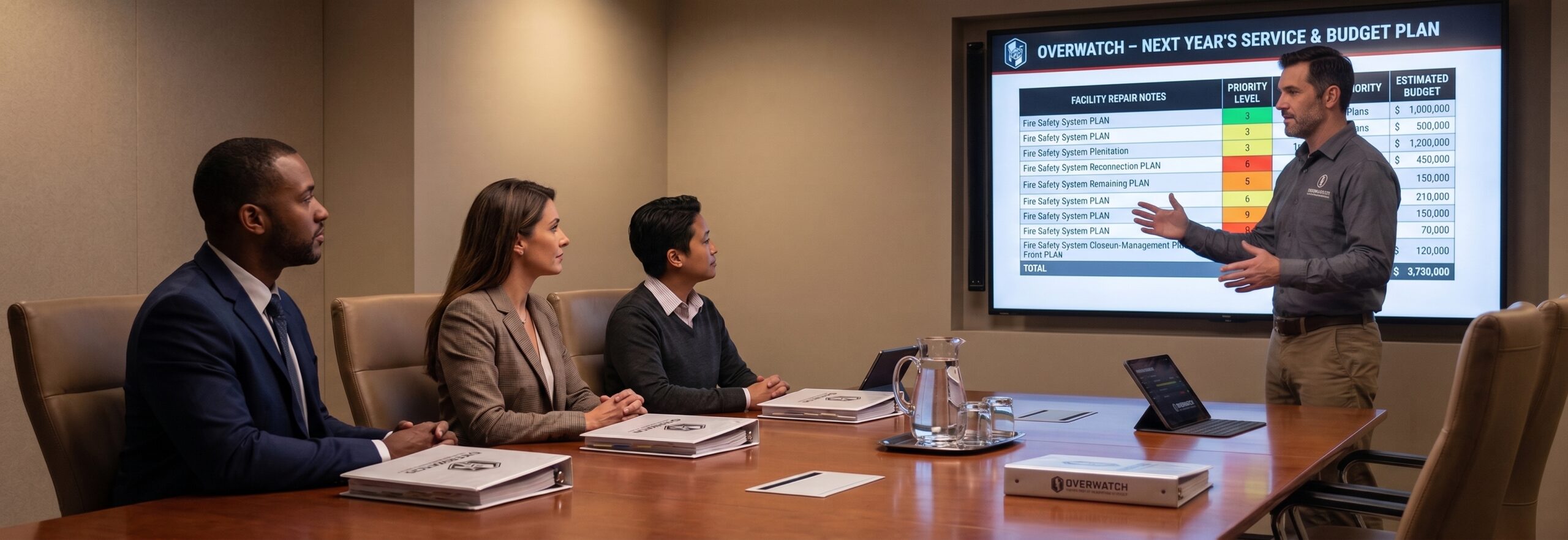 Overwatch consultants reviewing compliance documentation and planning budget-aligned building lifecycle updates.